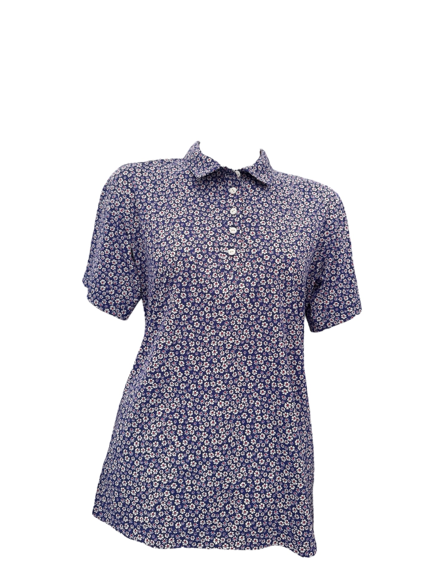 Polo bleu fleurs blanches