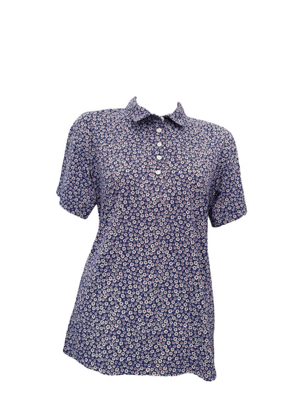 Polo bleu fleurs blanches