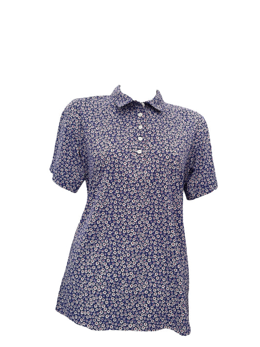 Polo bleu fleurs blanches